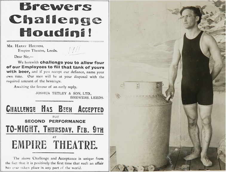 Anuncio en prensa del desafió de Houdini escapando de un barril de cerveza