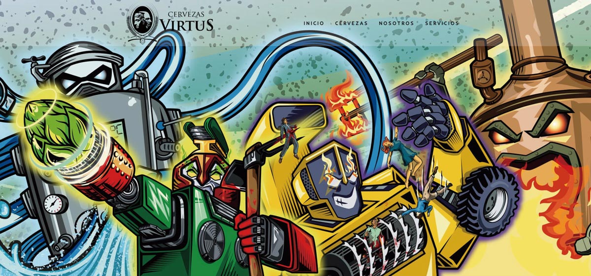 Web de Cerveza Virtus con todos los personajes de sus etiquetas